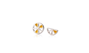 Detail view of asymmetric lemon stud earrings featuring yellow enamel and S925 silver finish