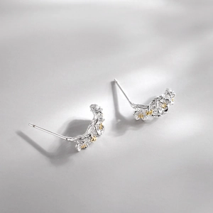 S925 sterling silver plum blossom branch stud earrings with textured bark and gold detail