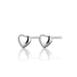Polished silver heart stud earrings with mirror finish shown from a macro floating angle