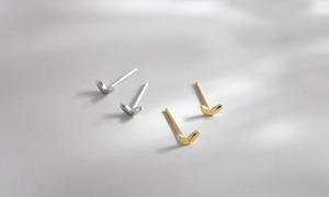 Detailed view of minimalist leaf stud earrings in gold and silver with elegant leaf shadows