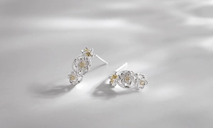 Macro detail of S925 sterling silver plum blossom earrings with golden pistils