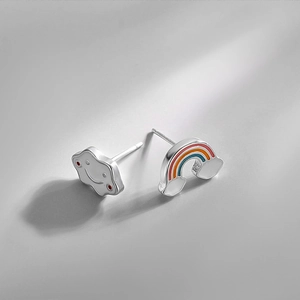 Asymmetric S925 silver stud earrings with colorful rainbow and smiling cloud motifs