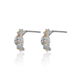 Vintage S925 sterling silver plum blossom stud earrings with delicate gold stamen accents