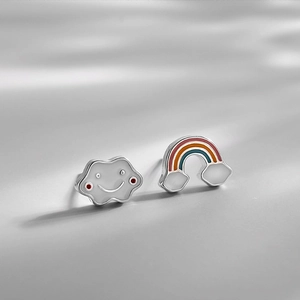 Asymmetric S925 silver rainbow and smiling cloud stud earrings with colorful enamel