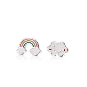 Asymmetric S925 silver rainbow and smiling cloud stud earrings with colorful enamel