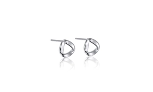 Detailed view of silver minimalist irregular triangular hoop earrings with reflective shadow