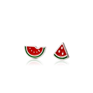 Asymmetric handmade enamel watermelon stud earrings for women in cute summer fruit style