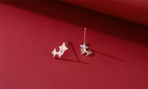 Macro shot of S925 sterling silver earrings with textured brush finish on red background