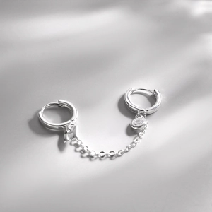 Double Piercing Chain Hoop Earrings With H Letter Charm Round Zircon Copper Jewelry Silver Earring Post Women Minimalist