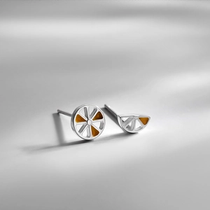 S925 silver lemon stud earrings with orange enamel slices in asymmetric design
