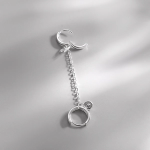 S925 silver chain earring for double piercings with lightning bolt charm and zircon