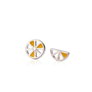 Asymmetric lemon slice stud earrings in S925 sterling silver with yellow enamel detail