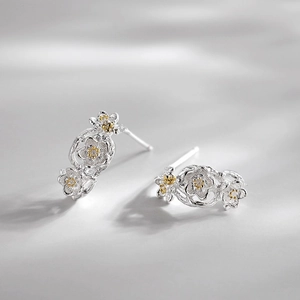 Handcrafted S925 sterling silver plum blossom earrings with vintage floral branch design