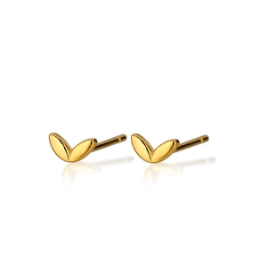 Minimalist golden leaf stud earrings with polished clover design on white background