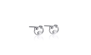 Detailed view of polished S925 silver minimalist pig-shaped stud earrings on white background