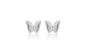 Macro shot of 925 sterling silver butterfly earrings with fine brushed metal texture