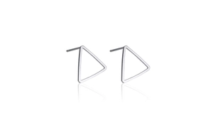 Close-up of minimalist S925 sterling silver hollow triangle stud earrings on white background