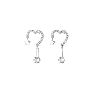 Detailed view of S925 silver heart stud earrings with star pendant and zircon stones