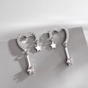 S925 sterling silver heart and star drop earrings with sparkling zircon accents