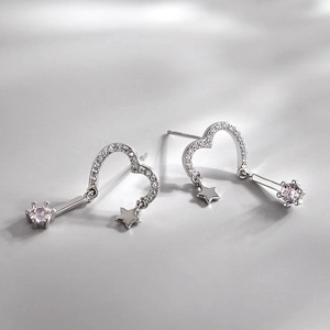Elegant S925 sterling silver heart and star stud earrings with sparkling cubic zirconia