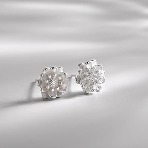 Lotus Flower Stud Earrings Silver Plated Copper Multi Layer Petal Sweet Minimalist Elegant Style Jewelry For Women