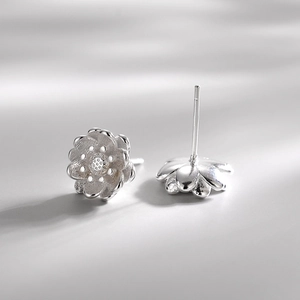 Minimalist S925 sterling silver lotus flower stud earrings with a matte textured finish