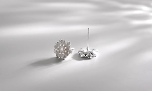 Detail view of 925 sterling silver lotus flower stud earrings with layered petal textures