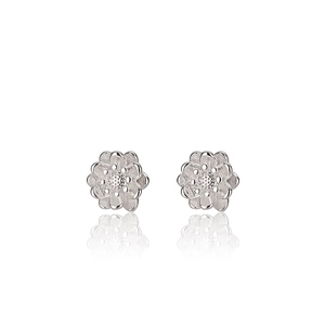 Macro shot of silver plum blossom stud earrings with matte petals and beaded center