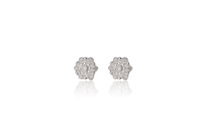 Macro detail of 925 sterling silver plum blossom stud earrings with layered petals