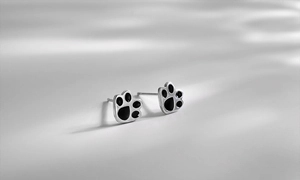 Macro shot of silver cat paw stud earrings with black enamel and polished metal finish