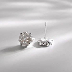 Minimalist S925 sterling silver lotus flower stud earrings with detailed matte petals