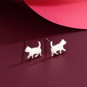 Minimalist S925 sterling silver cat stud earrings with elegant brushed metal finish
