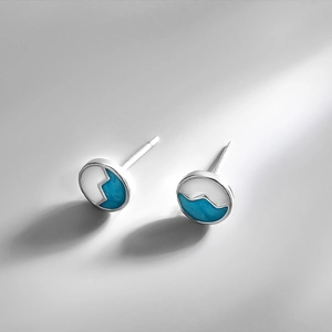 Minimalist silver mountain wave enamel stud earrings with blue and white pattern