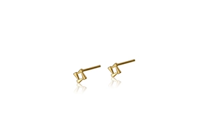 Macro shot of minimalist gold geometric hollow square stud earrings with mirror reflection