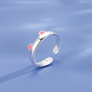 Süßer Katzenohr Offener Ring Rosa Emaille Tier Verstellbarer Kupferschmuck Geschenk Für Damen Mädchen Koreanischer Stil