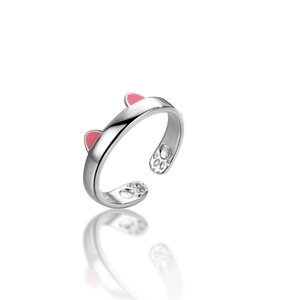 Niedlicher Katzenring aus Silber mit rosa Ohren und graviertem Katzenpfoten-Detail