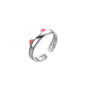 Süßer Katzenohren-Ring in Silber mit rosa Emaille-Details und Katzenpfoten-Gravur