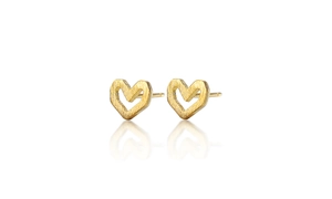 Macro detail of gold brushed S925 silver heart stud earrings with hollow design