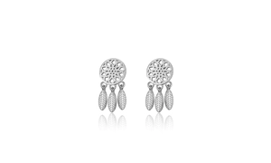 Detailed close-up of S925 silver dreamcatcher earrings with delicate leaf pendants