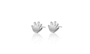 Detail of S925 sterling silver hand-shaped studs with brushed metal texture on white background