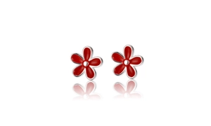 Macro view of red S925 sterling silver daisy flower stud earrings with glossy enamel finish