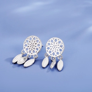 Dreamcatcher Feather Dangle Earrings With Silver Earring Post Hollow Round Bohemia Style For Women