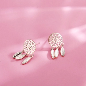 Elegant S925 sterling silver dreamcatcher stud earrings with three feather pendants