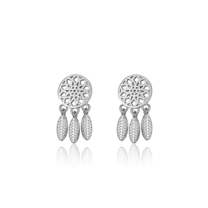 S925 sterling silver dreamcatcher feather stud earrings with mandala design on white base