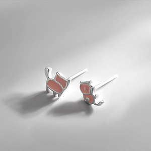 Boucles D'Oreilles Puces Chat Asymétriques Avec Tige En Argent Sterling 925 Bijoux Animaux Dessin Animé Émail Rose Pour Femmes Filles
