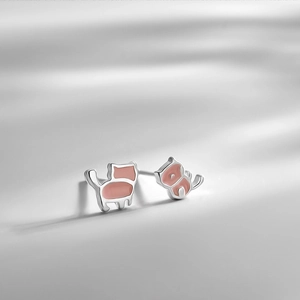 Boucles d'oreilles chat rose asymétriques en argent sterling S925 pour femmes