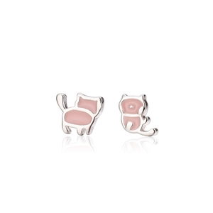 Boucles d'oreilles chat rose asymétriques mignonnes en métal argenté pour femmes
