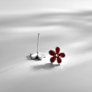 Elegant S925 silver red daisy stud earrings with minimalist flower petal design and shadows