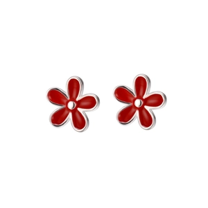 S925 sterling silver red flower stud earrings with vibrant enamel petals and butterfly backs