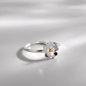 Anello Fiore Argento Sterling S925 Bicolore Stame Dorato Apertura Regolabile Gioielli Floreali Minimalisti Per Donne